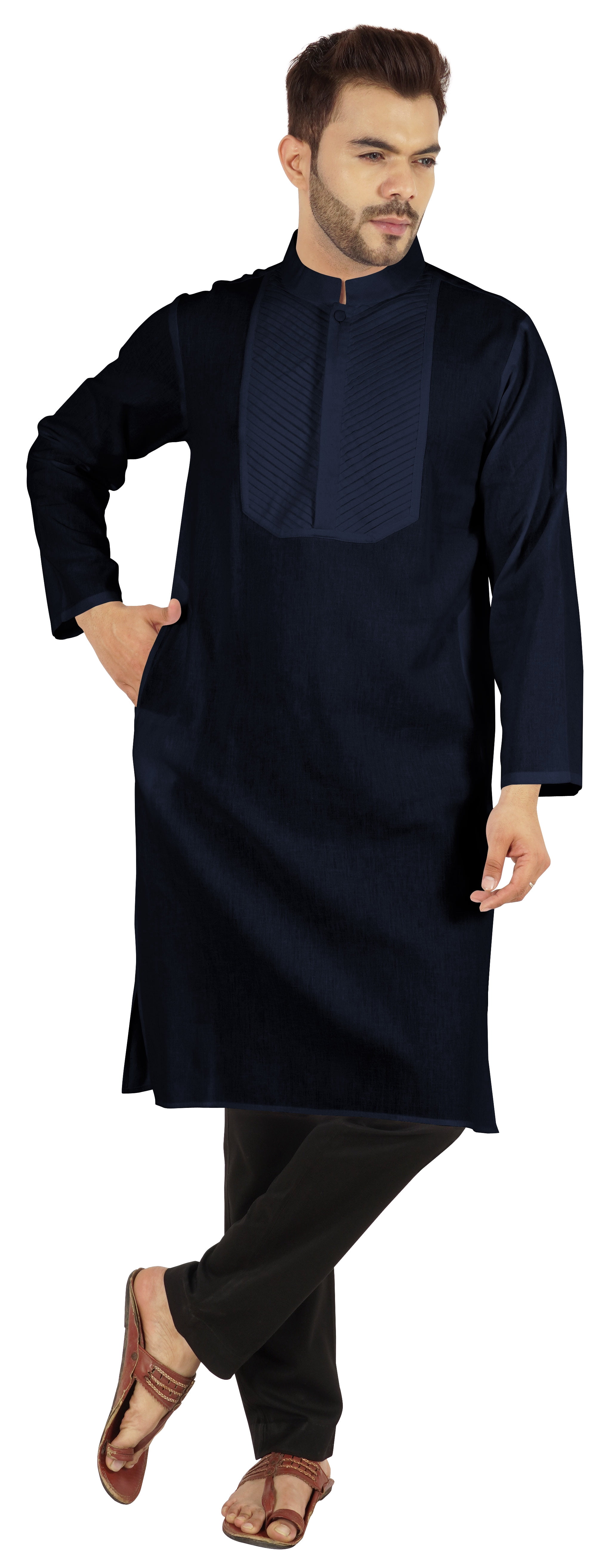Atasi Indian Solid Kurta Pajama Set For MensMandarin Collar Casual Long-Wear Kurta