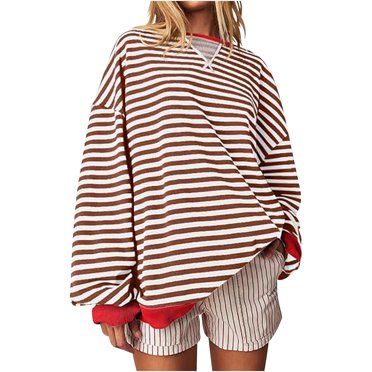 Chandails Molletonnés Surdimensionnés pour Femmes, Automne, Manches Longues, Chandails à Enfiler, Hauts, Blouse à Blocs de Couleur Rayée