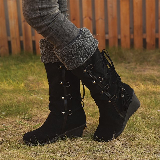 LSLJS Bottes de Neige à Talons Compensés pour Femmes avec Pompons, Manches Hautes, Bout Rond, Bottes de Marche d'Extérieur