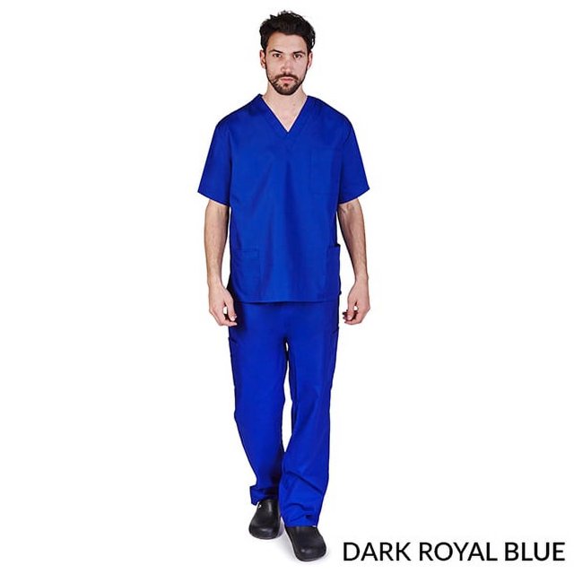 M&M SCRUBS Men's Scrub Set Medical Scrub Top and Pants in dark royal blue. This medical uniform includes a V-neck top with two lower pockets and one chest pocket, paired with pants featuring a back elastic waistband, front drawstring, and cargo pocket. Made from 65% polyester and 35% cotton for durability and comfort.