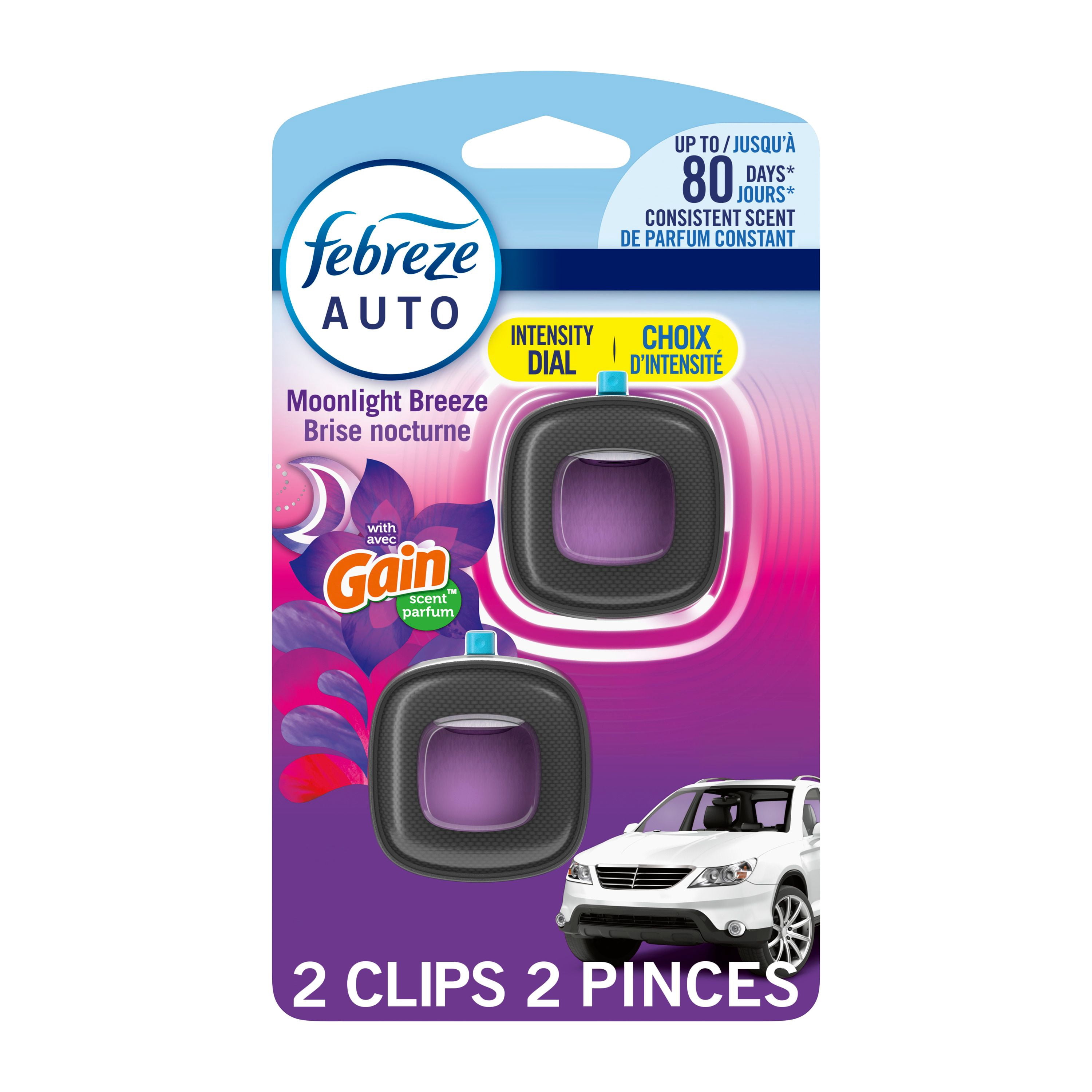 Febreze Assainisseur d'Air pour Auto, Pince pour Bouche d'Air d'Auto Anti-Odeurs, Parfum Gain Brise Nocturne, 2 Unités