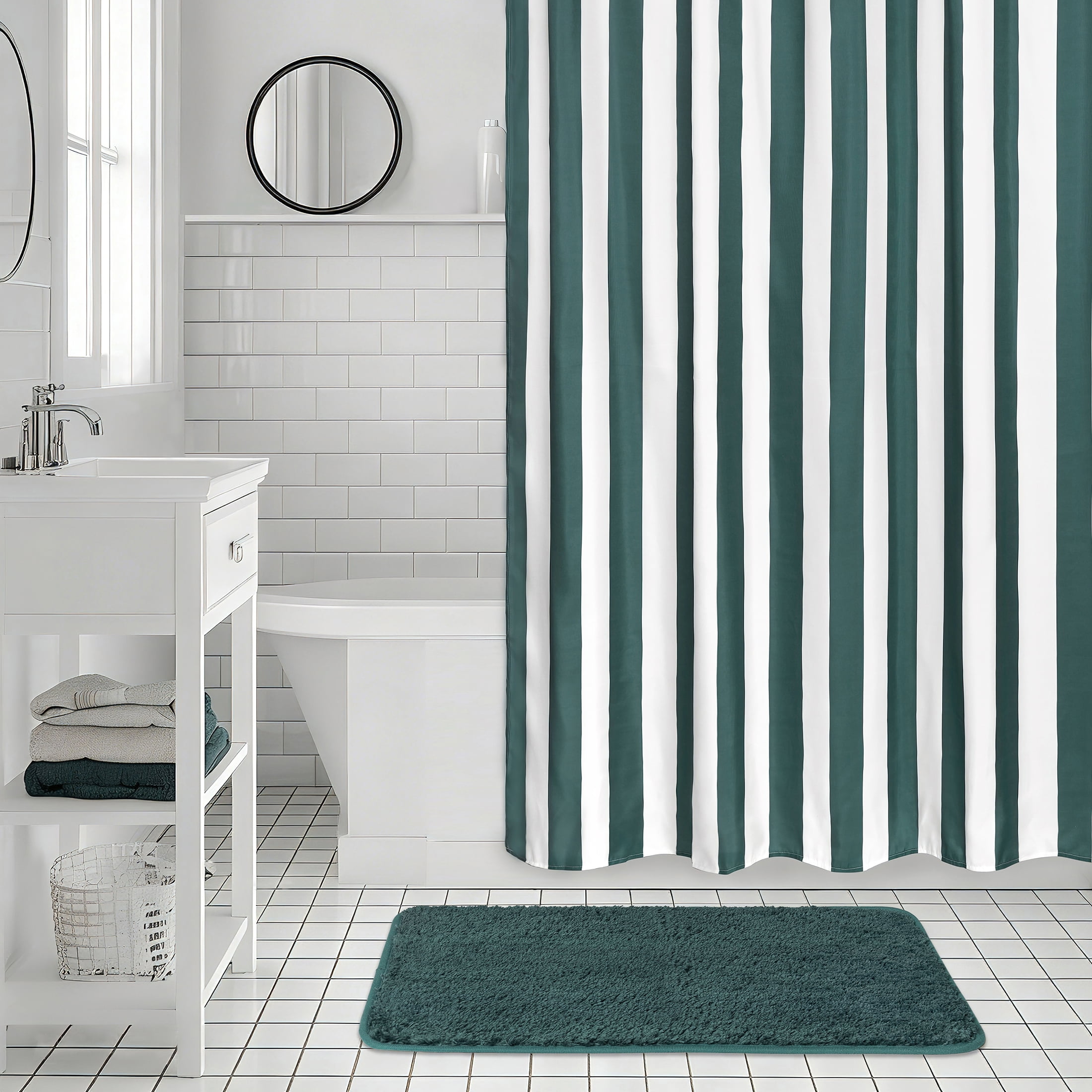 Mainstays 16-Piece Teal Shower Curtain Bathroom Set – Fabric Curtain with Rug, Hooks, Soap Dispenser & Tray