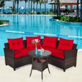 thumbnail image 2 of Costway 4PCS Outdoor Patio Rattan Furniture Set Cushioned Sofa Table Red, 2 of 10