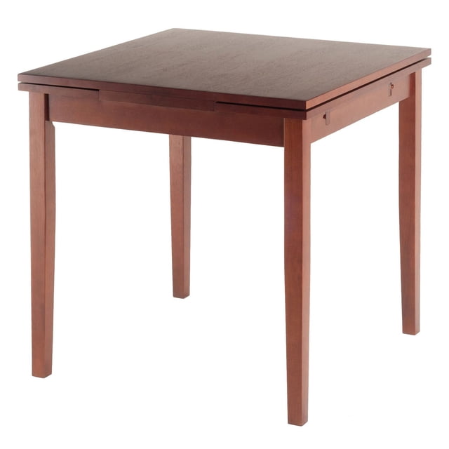Winsome Table d'Extension Pulman en Noyer avec Dessus Carré en Bois Massif et Quatre Pieds Droits, Présentée sous une Forme Compacte avec une Riche Finition Noyer, Conçue pour les Petites Cuisines et les Coins Repas, s'Étend Facilement pour Accueillir jusqu'à Quatre Invités.
