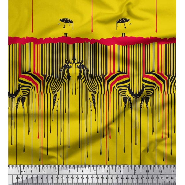 Soimoi Yellow polyester Crepe Fabric Umbrella & Wild Animal Skin Print Fabric by Yard 42 Inch Wide