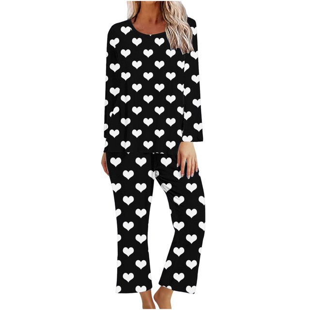 TIMIFIS Valentines Ensembles de Pyjamas pour Femme Mignon Imprimé Cœur Manches Longues Col Ras du Cou Haut avec Pantalon Ensembles de Pyjama Détente Ensembles de Pyjamas pour Dames
