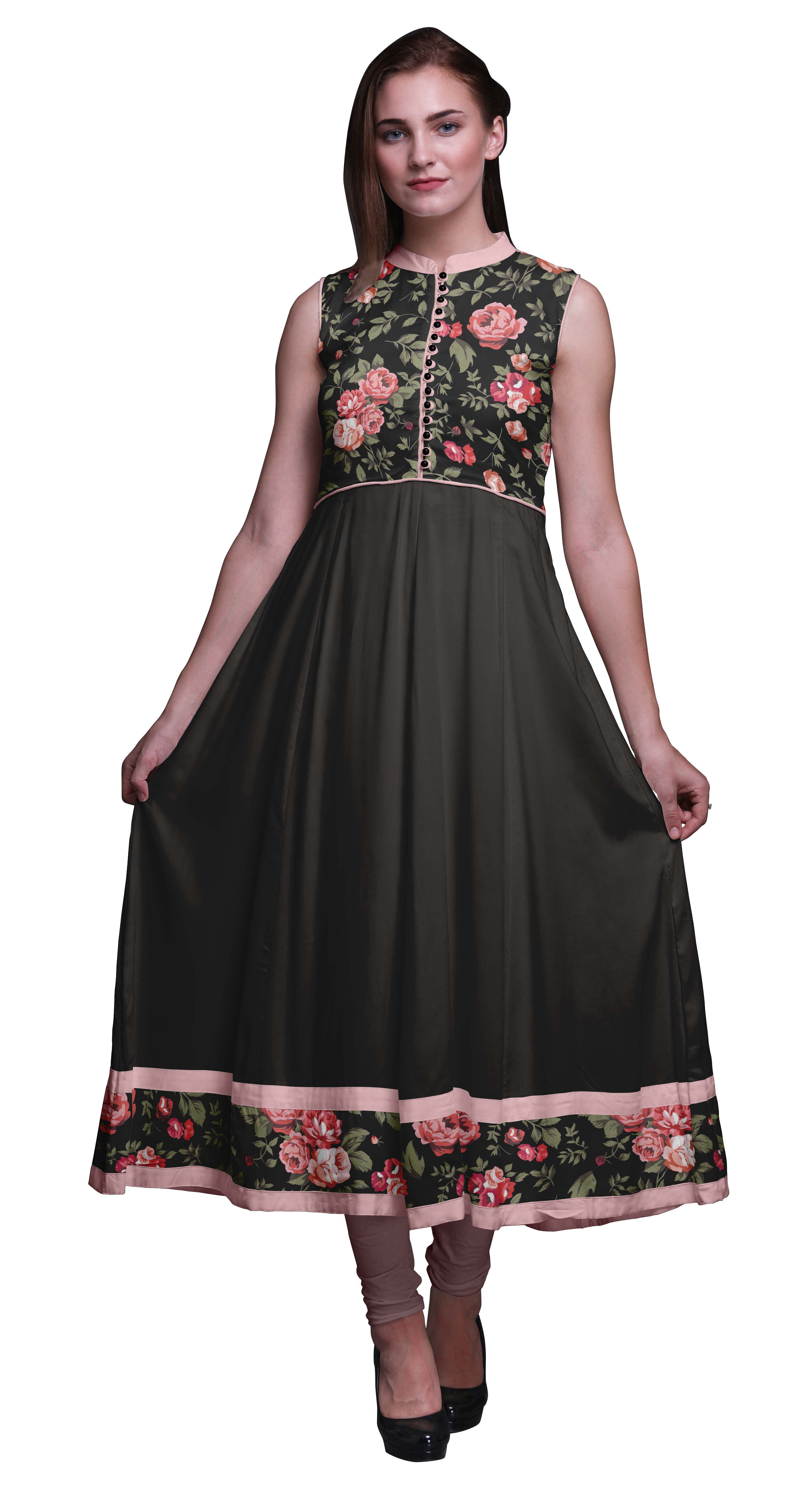 Bimba Robe Anarkali Noire4 à Imprimé Floral pour Femme, Col Mandarin, de Designer, Kurta Ethnique Indienne, Très Grande