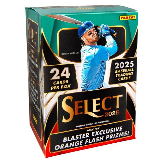 Boîte Blaster de Cartes à Échanger de Baseball Panini Select 2025 avec 24 Cartes par Boîte et 6 Paquets, Comprenant des Prix Flash Orange Exclusifs Blaster et un Joueur de Baseball en Équipement de Frappe Bleu sur l'Emballage.
