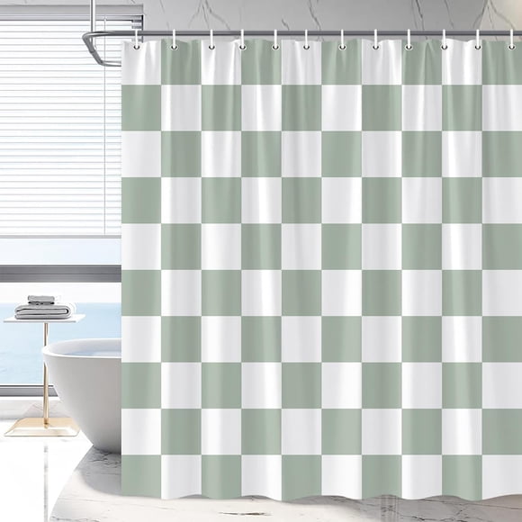 Sage Green Plaid Shower Curtain, Vintage Minimalist Check Waterproof Bathroom Curtain with Hooks, Farmhouse Bathroom Decor 72"W x 84"H