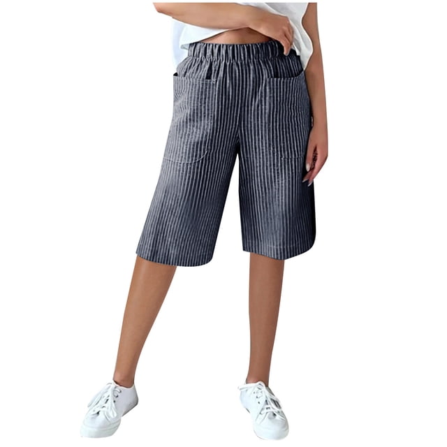 AherBiu Shorts Droits Taille Haute à Rayures pour Femmes avec Poches, XXXX-Large