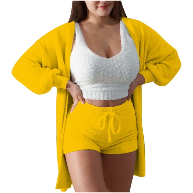 AherBiu 3 Piece Pajamas Sets Fleece Tank Tops Shorts Cardigans Sherpa Fuzzy Loungewear Homewear