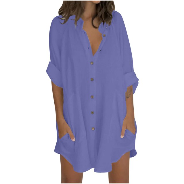 Timegard Chemises pour Femmes en Coton et Lin, Boutonnées, Col à Revers, Manches 3/4, Blouse Automne avec Poches