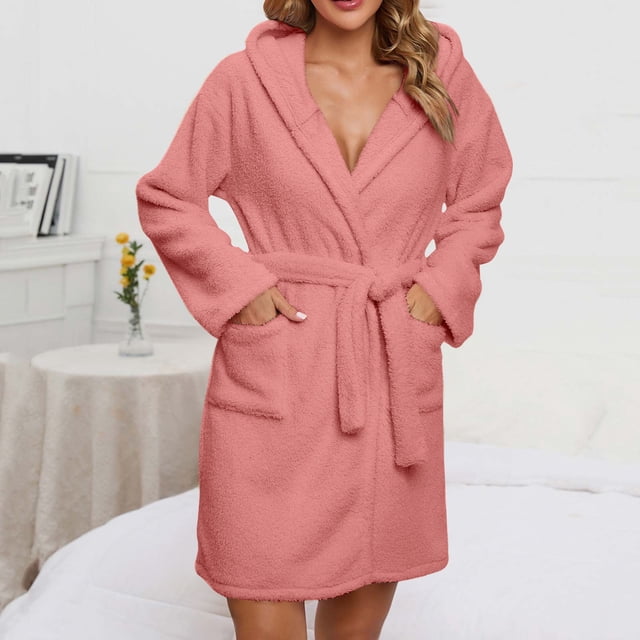 RXIRUCGD Mode Femmes Décontracté Uni Manches Longues Dames Ample Poche Garder au Chaud Peignoirs Faux Velours Tenue de Nuit Robe Chemises de Nuit( Rose, Taille:S )