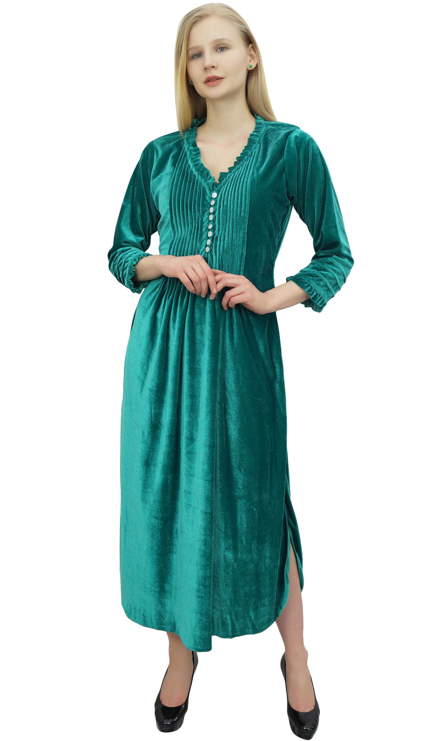 Phagun Robe Maxi Ample à Manches Longues Vert Sarcelle pour Femme, Décontractée avec Poches-4