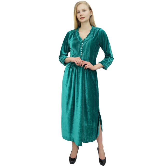 Phagun Robe Maxi Ample à Manches Longues Vert Sarcelle pour Femme, Décontractée avec Poches-24