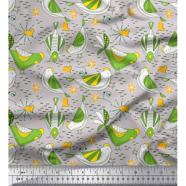 Soimoi Polyester Crepe Fabric Floral & Bird Cartoon Print Sewing Fabric Yard 42 Inch Wide