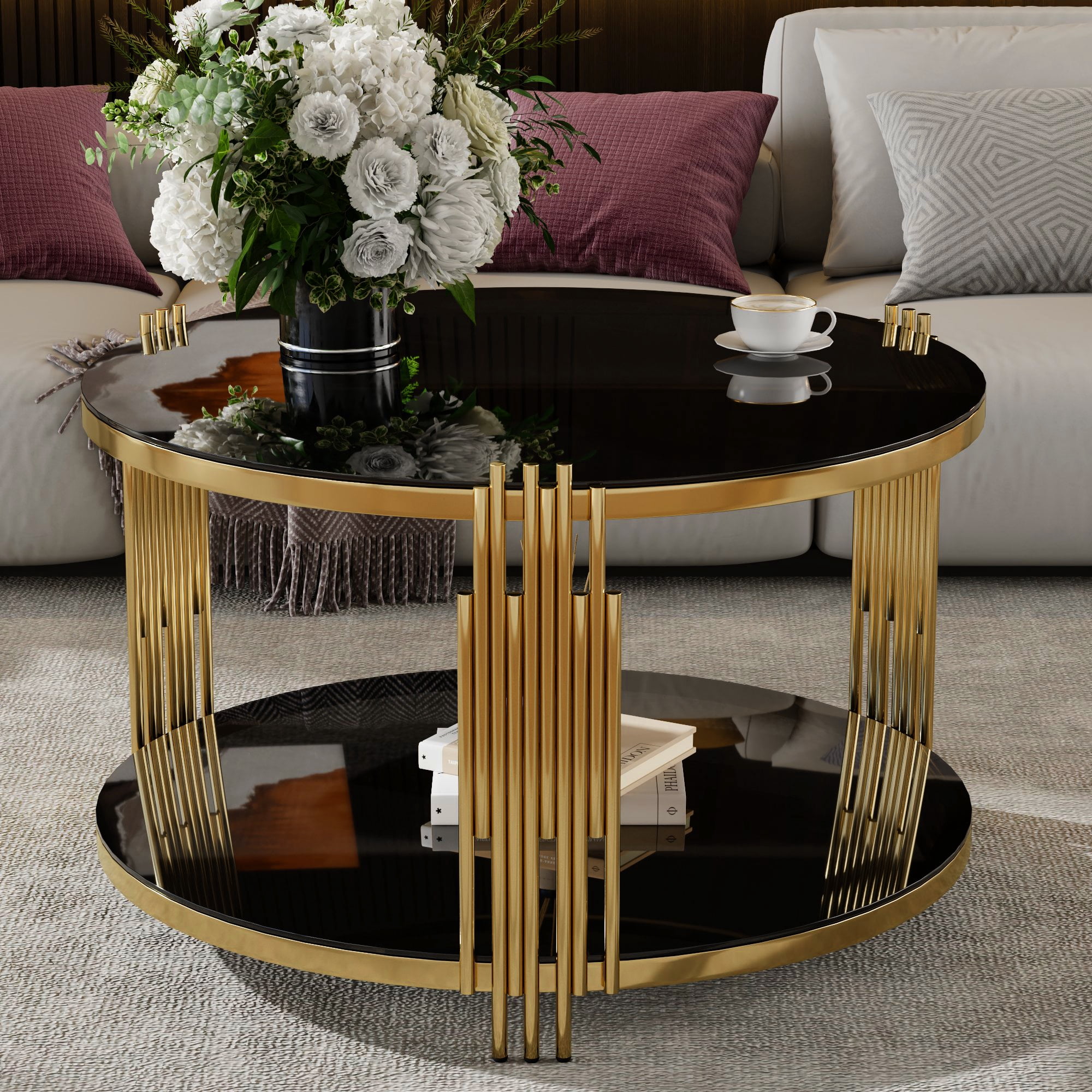 Table basse moderne en verre Noble House 31,5 po, fini doré, noir et or