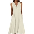 thumbnail image 1 of Ohufall Robe Femme en Coton et Lin à Col en V Sans Manches Décontractée Robe Débardeur Unie Confortable avec Poches Robe Midi d'Été Chic, 1 of 5