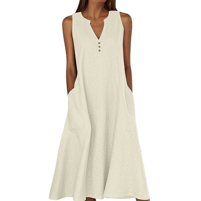Ohufall Robe Femme en Coton et Lin à Col en V Sans Manches Décontractée Robe Débardeur Unie Confortable avec Poches Robe Midi d'Été Chic