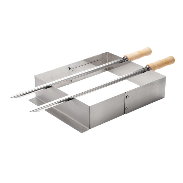 Tramontina Churrasco BBQ Stainless Steel Skewer and Grill Rack Set with Wood Handles. The set includes a stainless steel skewer support and two skewers with sustainable wood handles. The skewers are ideal for roasting sausages, meats, or vegetables. Made in Brazil with a brushed stainless steel finish, the set is durable, easy to clean, and features stainless steel screws and wingnuts for secure assembly.