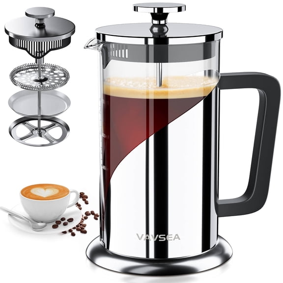 VAVSEA French Press Cafetière, Cafetière 35oz avec Verre Borosilicaté Épaissi et Acier Inoxydable 304, Double Paroi, Va au Lave-Vaisselle, Argent
