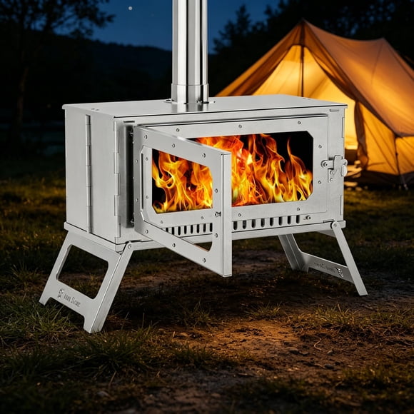 Portable Foldable Stainless Steel Camping Tent Stove with Carry Bag, 20'' Log Chamber 5 Chimney Pipes Rain Cap Spark Arrestor for Cooking Heating