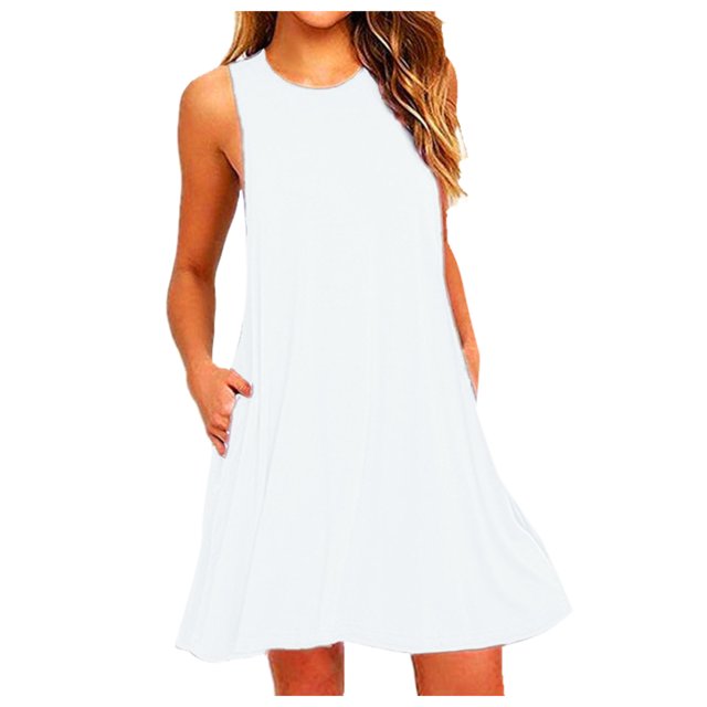 EGNMCR Robes d'Été Femmes Tendance 2024 Femmes Décontractées Poches Sans Manches au-Dessus du Genou Robe Ample