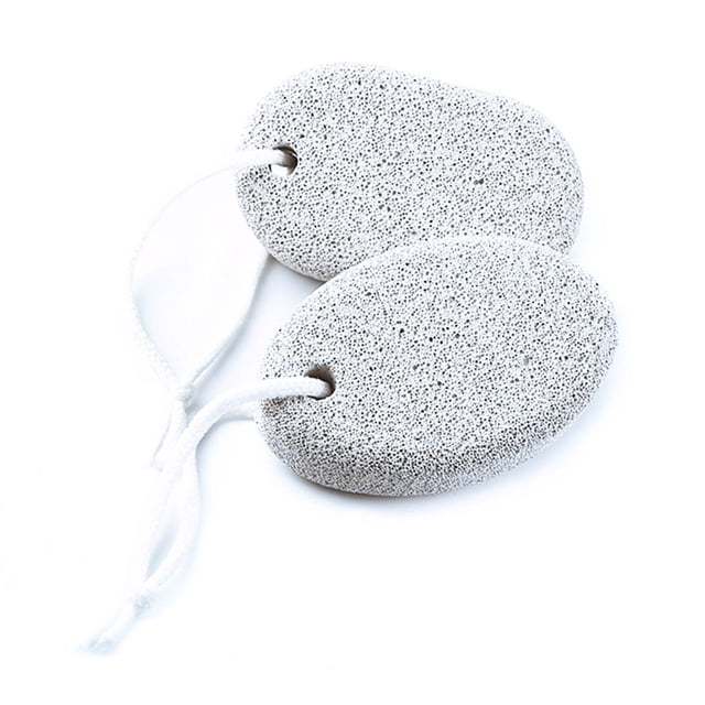 Amdohai 1PCS Foot Care Exfoliating Scrub Stone Dead Skin Remove Pedicure Scrubber Natural Pumice Stone Foot File. The image shows two white oval pumice stones with a porous surface, each equipped with a handle loop for easy handling and storage. Made from natural bath stone, they are effective for removing calluses, dry, and rough skin while being gentle on the feet. Compact and portable, they measure 9 x 5.5 x 2.7 cm, making them suitable for pedicures and promoting healthy skin.