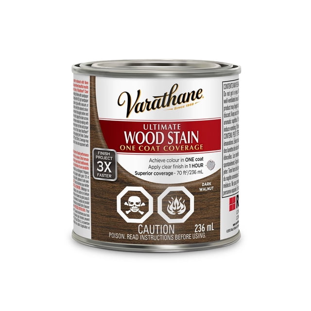 Varathane Ultimate Oil Base Dark Walnut Wood Stain can with metal lid, labeled for one coat coverage and quick drying in one hour, containing 236 mL of wood stain ideal for interior wood surfaces including furniture, doors, and cabinets.