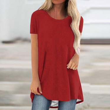 Jsaierl Womens Summer Casual Short Sleeve Shirts Solid Color Plus Size Round Neck Tunics Loose Comfy Swing Blouses Flowy Curved Hem Tops