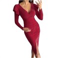 thumbnail image 2 of FcBaudy Robe à Manches Longues Col en V, Robes d'Été pour Femmes, Robes pour Femmes Mode Féminine Col en V Couleur Unie Robe Longue à Manches Longues Robe de Soirée Moulante Robe pour Femmes, 2 of 9
