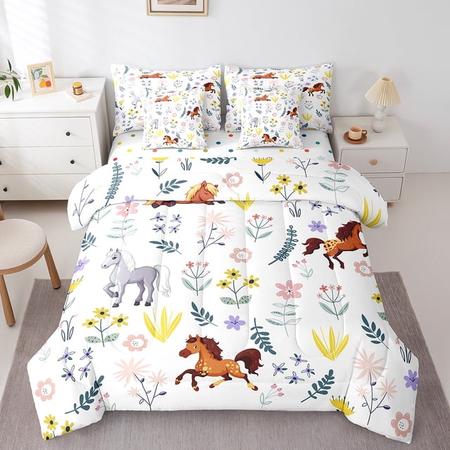 Ensemble de Douillette Simple 7 Pcs, Lit dans un Sac Simple Réversible à Motif de Cheval Floral, Ensemble de Literie Simple à Animaux de Dessin Animé, Douillette à Fleurs, Drap Plat, Drap-Housse, Taies d'Oreiller, Couvre-Oreillers