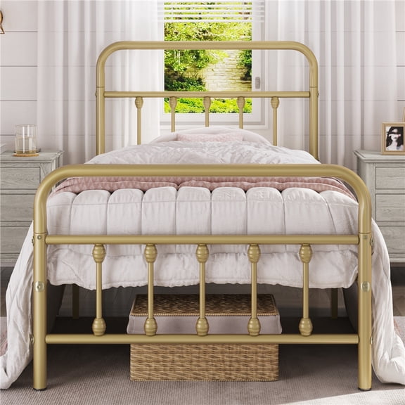 FullFurnique Lit plateau en métal avec tête de lit et pied de lit hauts, pour adultes, taille Twin, or antique