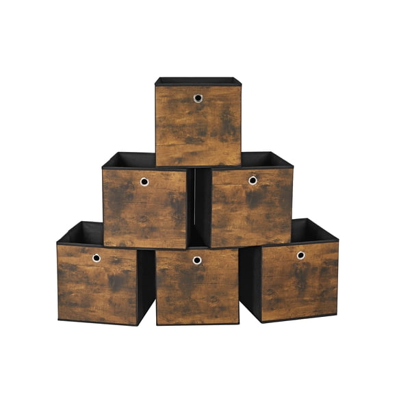 SONGMICS Storage Cubes, Set of 6 Storage Bins with Handles, Foldable Oxford Fabric and Non-Woven Fabric Storage Boxes, 11.8 x 11.8 x 11.8 Inches, Rustic Brown and Black URFB102B01