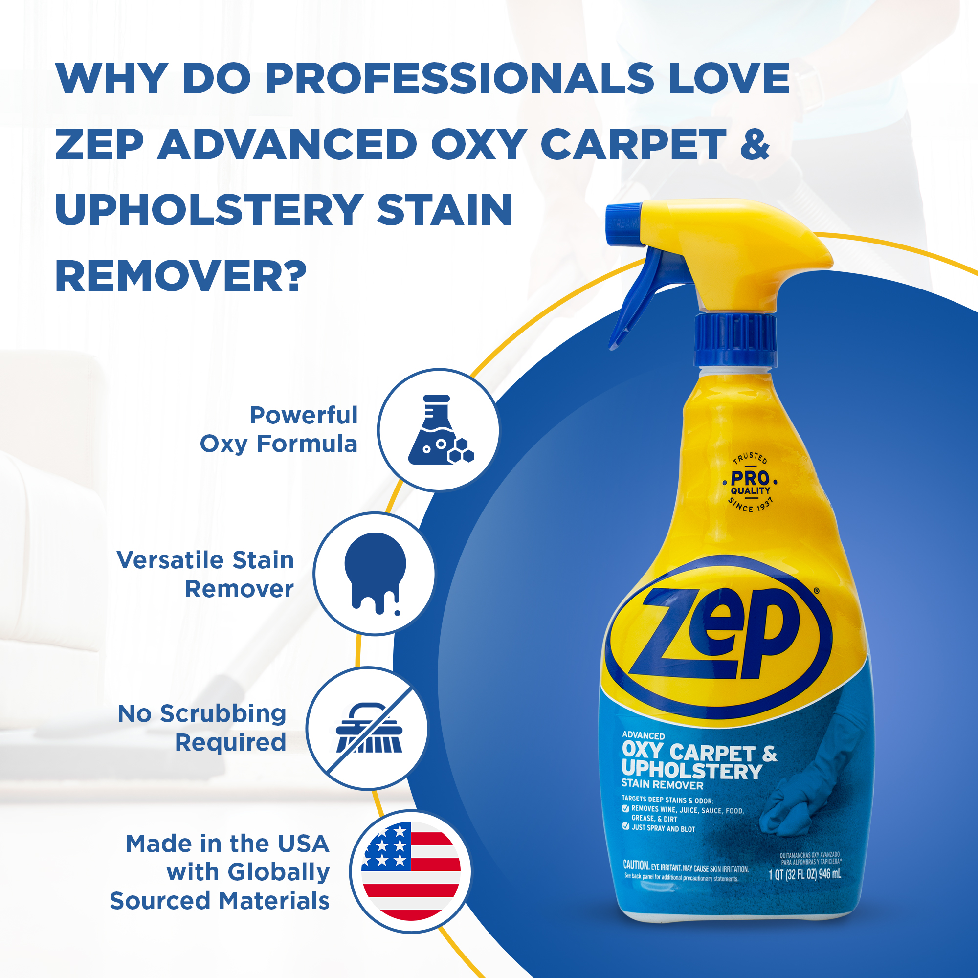 Détachant à tapis et tissus d'ameublement Zep Advanced Oxy, détachant ciblé, liquide désodorisant, 946 ml, nettoyant ménager