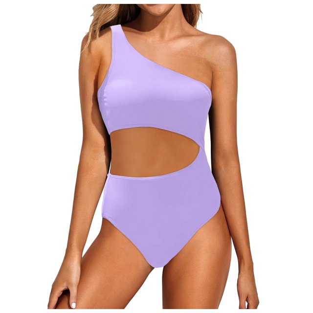 Womens Swimsuits Tankini One Shoulder Bathing Suits Full Coverage Keyhole Solid Women's Swimwear Purple