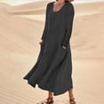 thumbnail image 1 of Robe T-Shirt Mode Femme Manches Longues Couleur Unie Coton Lin Col Rond Robe avec Poches Robes pour Femmes 2023 Décontracté en Liquidation, 1 of 5