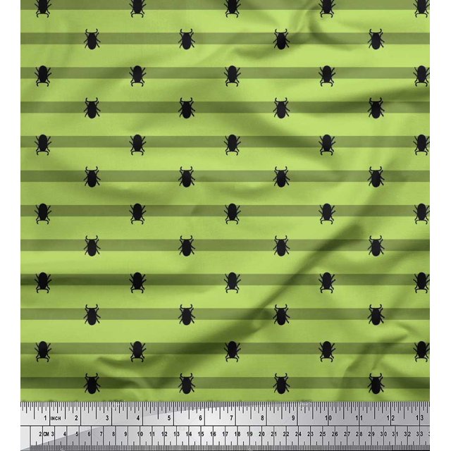 Soimoi Tissu en Coton Cambric Vert Imprimé Rayures & Coléoptères Insectes au Mètre 42 Pouces de Large