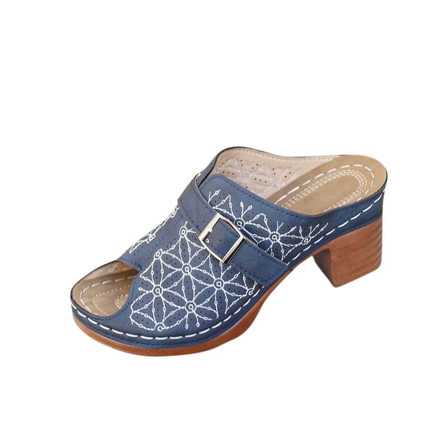 Wdhugt Floral Embroidered High Heel Slippers For Women Metal Buckle Half-Covered Toe Spring Summer Style Us Size 6 Heel Height 2.87 Inches Pu Material