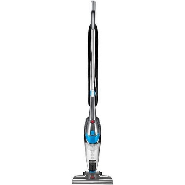 Bissell® 3-in-1 Lightweight Stick Vacuum with QuickRelease™ Handle in a front-facing view featuring a slim silver and blue body, clear dirt cup, and black cord wrapped on the handle, designed for multi-surface cleaning on carpets, hard floors, and upholstery, also suitable as a handheld vacuum for quick pickups.