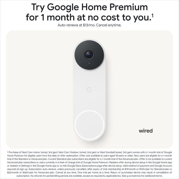 Google Nest Doorbell (Wired, 3rd Gen) - 2K Video and Gemini - Snow
