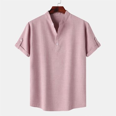 Dvkptbk Men Casual Solid Stand Collar Short Sleeve Button Closure Shirt Hawaii Blouse on Clearance