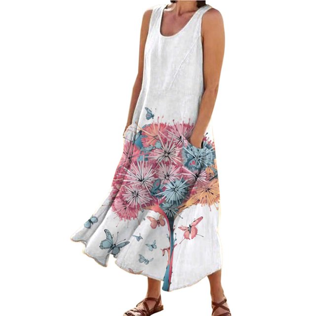 TJAZFJPA Robe Noire pour Femmes Mode pour Femmes Col Rond Décontractée Imprimé Pissenlit 3D Sans Poignets Poche Longue Robe Débardeur Robe Décontractée Robes Femmes Grande Taille Robes d'Été pour Femmes