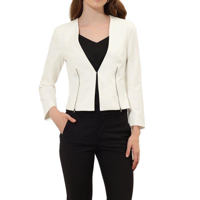 INSPIRE CHIC Women's Workwear Zipper Collarless Cropped Blazer L White