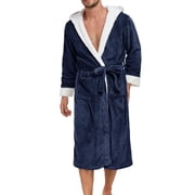 Mens Robes Plush with Hoodies and Pockets Fleece Long Sleeve Bathrobes Casual Color Block Thermal Warm Knee Length Loungewear Bath Robe Pajamas