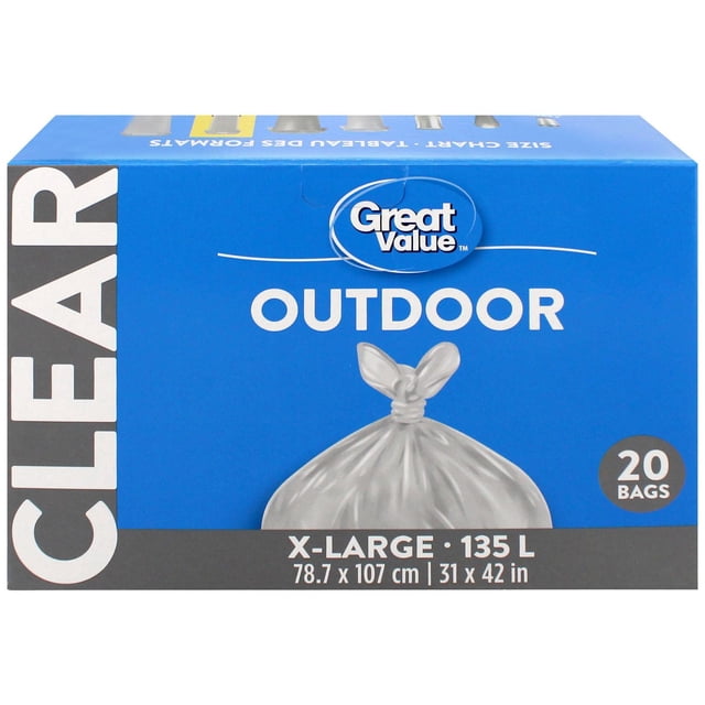 Great Value X-Large Outdoor Garbage Bags, 135L , 20bags Centered front view of a stacked 20-pack of clear plastic bags with visible flap ties; extra-large 135 L capacity (78.7 x 107 cm), heavy-duty transparent film that fits most outdoor bins, suitable for large cleanup and often used as yard-waste or bulky recycling storage.