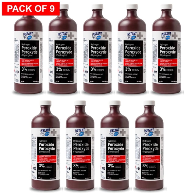Instant Aid by Purest Hydrogen Peroxide 3% Solution, 473ml Bottles (Pack of 9, Total 4.2L). The image displays nine brown bottles with white caps, labeled with 'Hydrogen Peroxide 3%' and 'First Aid Antiseptic' in bold text. Ideal for disinfecting wounds, cleaning surfaces, and stain removal. The bottles are arranged in three rows, with a red 'Pack of 9' banner at the top.