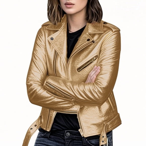 Veste en Similicuir pour Femmes, Vestes Véganes Moto Biker Motocycle Manteau Or L