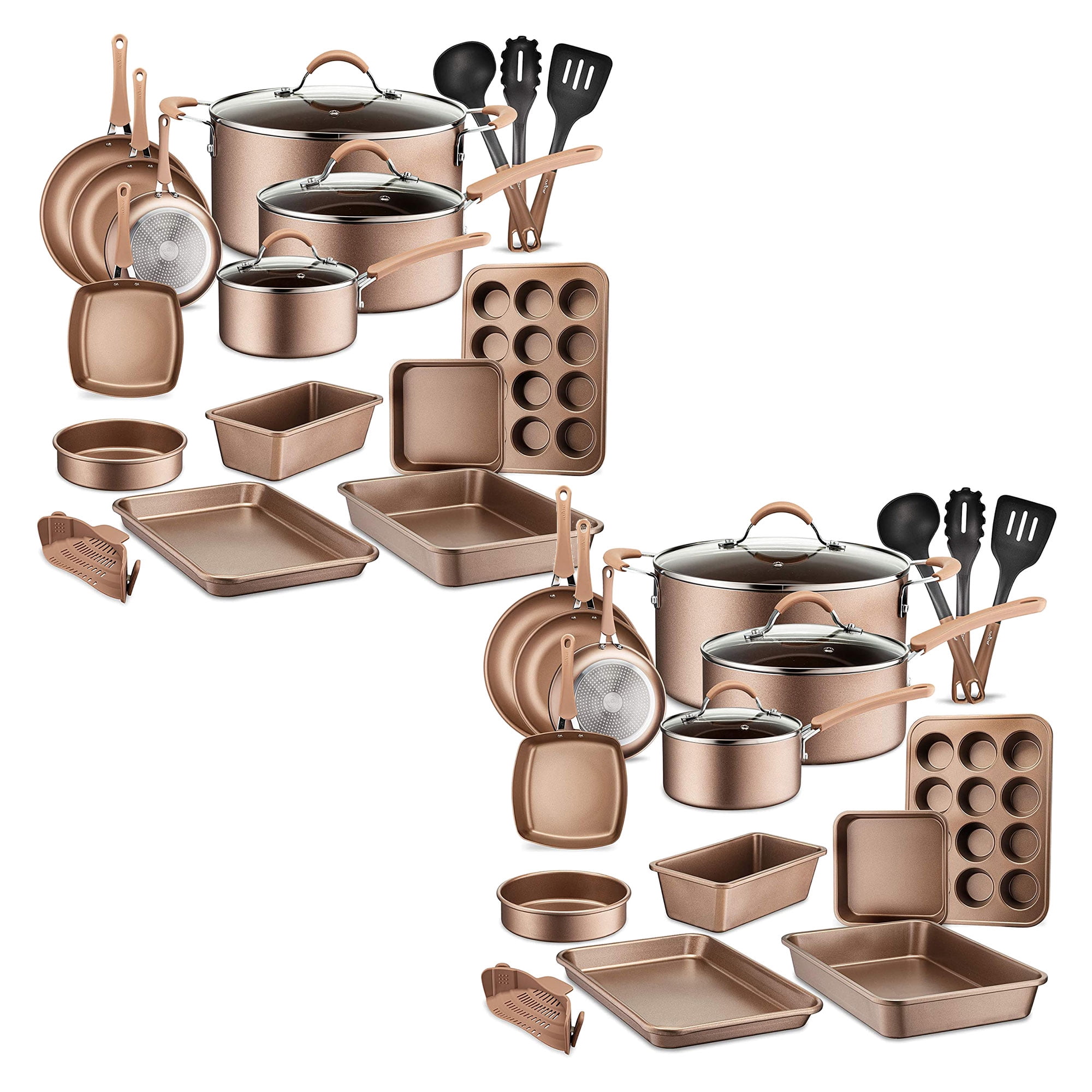 NutriChef Batterie de Cuisine Antiadhésive de 20 Pcs, Casseroles et Poêles, Bronze (Lot de 2)