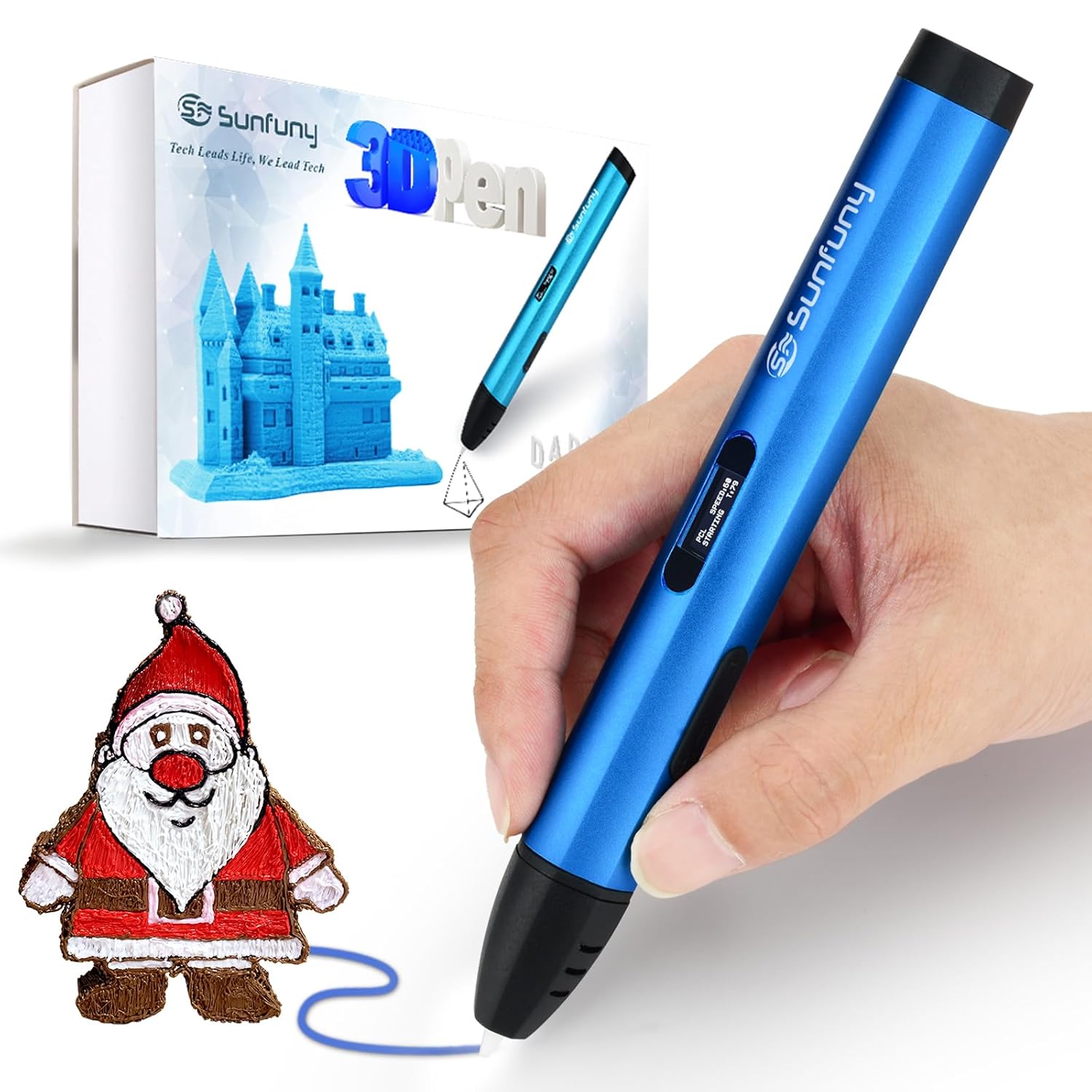 TEMOGU-Sunfuny 3D Pen, 3-Dimensional Printing Pen with OLED Screen 16.4ft&PCL Filament Refills, Works with PLA/ABS/PCL, Stylo 3D Printer Pencil Drawing Craft Kit, Gift Halloween for Kids Adult (Blue,
